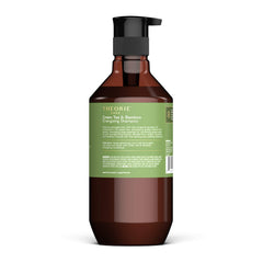Theorie Green Tea & Bamboo Energizing Shampoo bottle cap close-up, color-safe formula