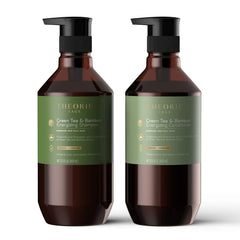 The Theorie shampoo label highlighting jasmine, amber and cypress scent notes