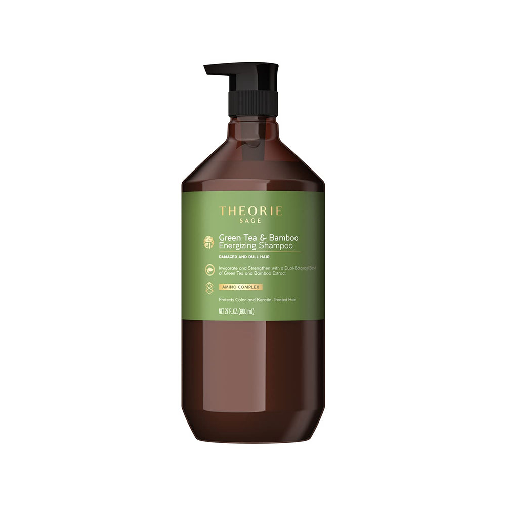 Theorie Green Tea and Bamboo shampoo bottle front, color-safe formula in view.