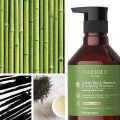 Theorie Green Tea and Bamboo shampoo ingredients display supports nourishing scalp care.