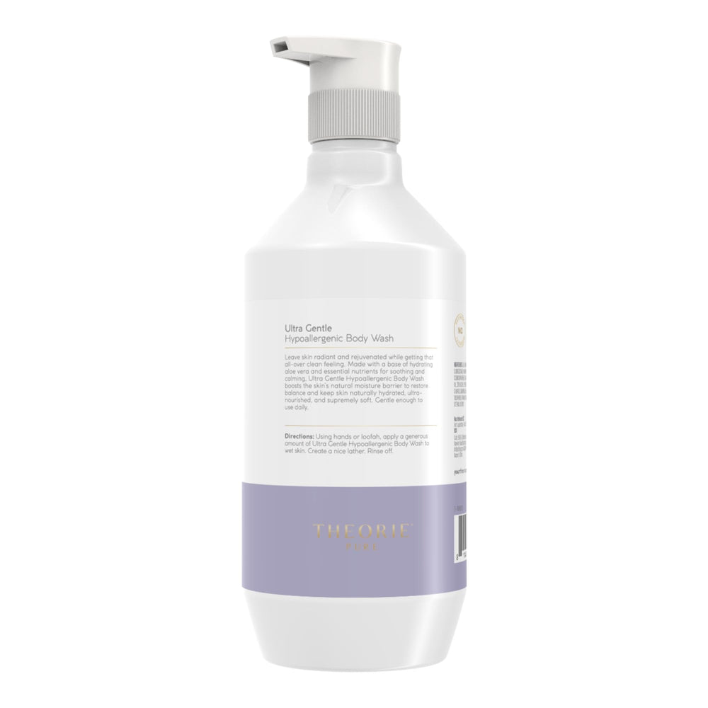The Theorie Hypoallergenic Body Wash ingredients chart highlighting Aloe Vera, Argan and Marula oils