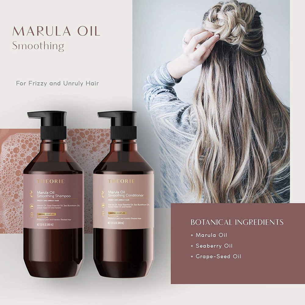 Theorie Marula Oil Conditioner display on shelf showcases premium hair care.