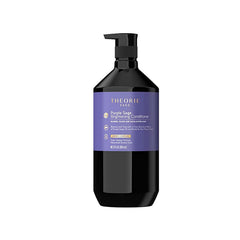 The Theorie Purple Sage Brightening Conditioner bottle showing color-safe brass elimination for blonde hair