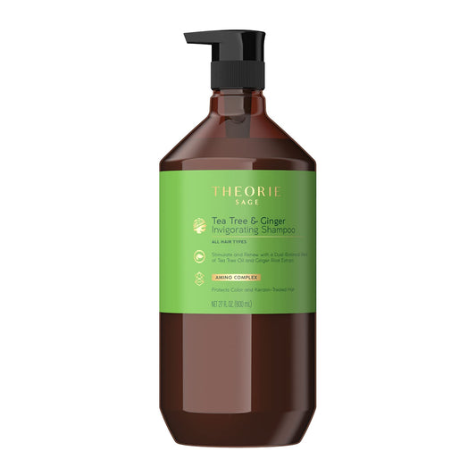 Theorie Tea Tree Ginger shampoo bottle pour for invigorating cleanse
