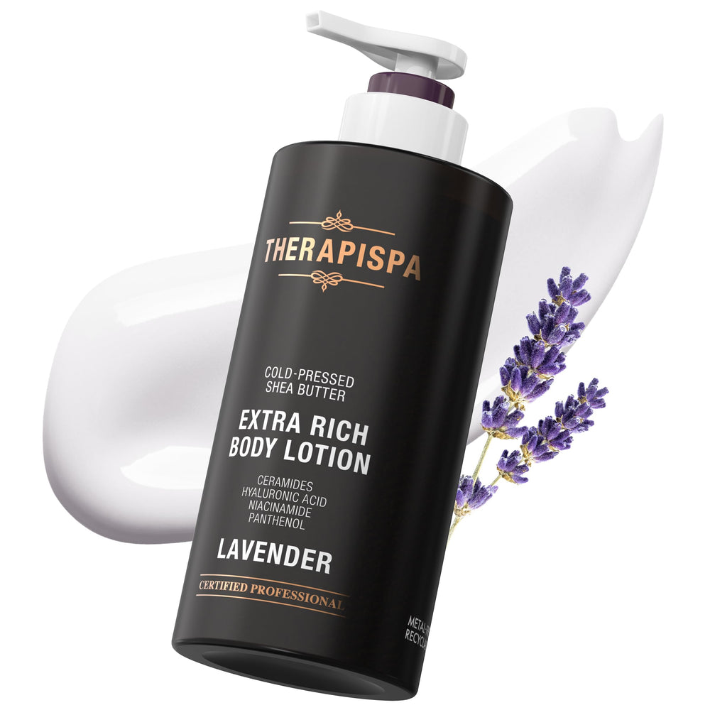 THERAPISPA Lavender bottle shows calming scent and deep hydration for dry skin.