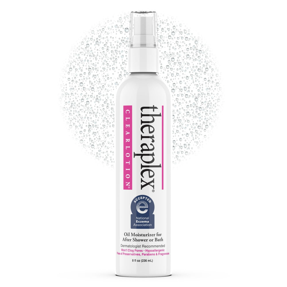 Theraplex Clear Lotion Spray bottle front view, highlighting light hydration for sensitive skin.