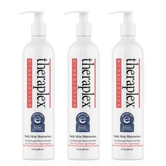 Theraplex Hydrolotion bottle demonstrates fragrance-free daily moisturizer for sensitive skin.