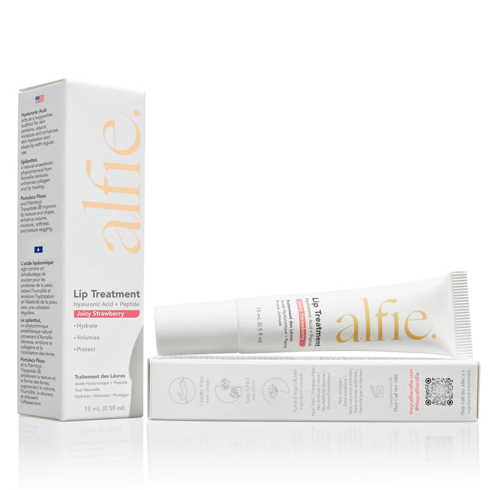 Texture close-up shows moisturizing daily use with Alfie lip booster.