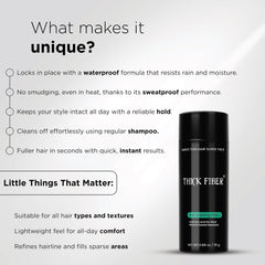 THICK FIBER natural keratin close-up underscores a chemical-free, natural look.