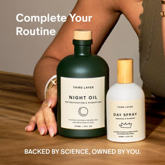 Third Layer Day Spray glass bottle packaging highlights eco-conscious design.