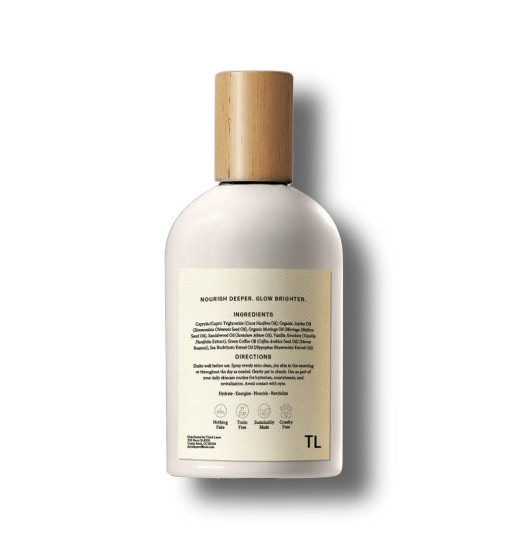 Third Layer Day Spray vanilla sandalwood scent offers a subtle aroma.