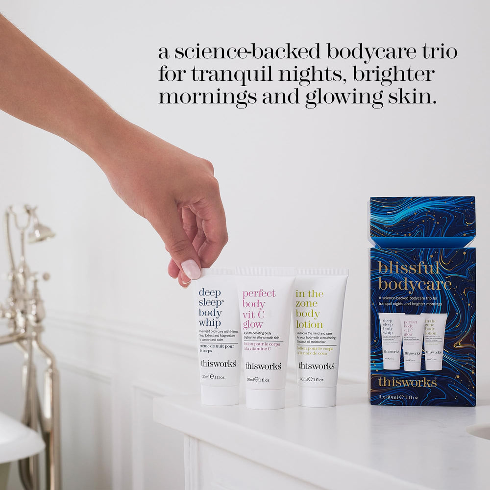 THISWORKS Blissful Trio In The Zone Body Lotion bottle supports moisturized, resilient skin.