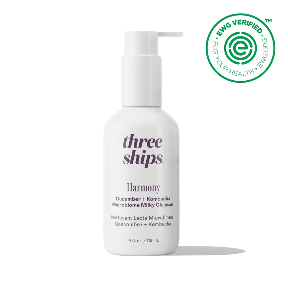 Three Ships Harmony cleanser pump dispensing soft foam for quick, hydrating skincare sessions
