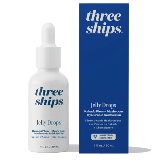 Three Ships Jelly Drops Kakadu Plum bottle close-up showing the serum for daily hydration.