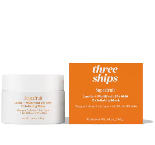Three Ships Superfruit Lactic Multifruit Mask jar promises gentle exfoliation for radiant skin