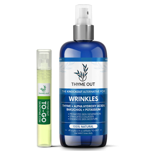 Thyme Out anti-wrinkle face mist bottle with herbal scent supports hydrated, radiant skin.