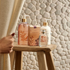 Botanical-inspired artisan design on Thymes bottle