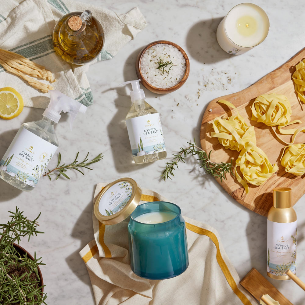Thymes Cyprus Sea Salt botanicals ingredients highlight natural hydration.