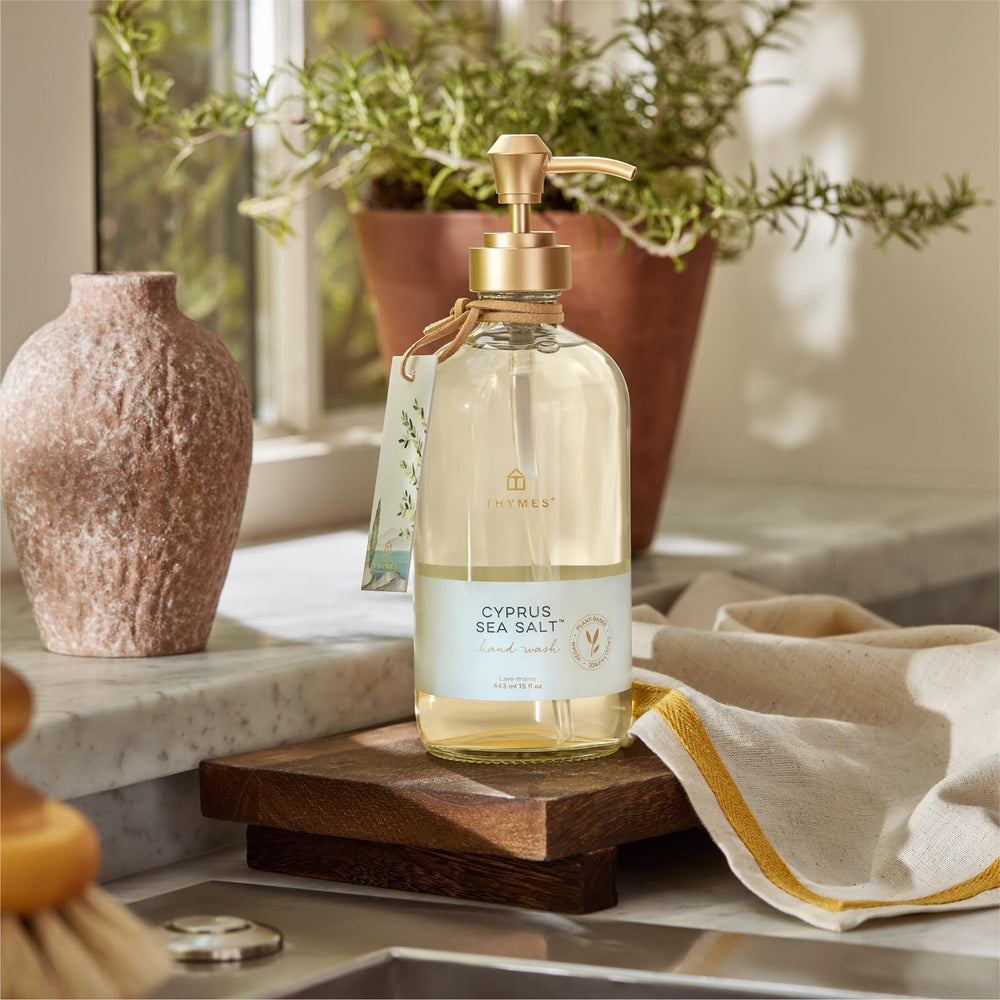 Thymes Cyprus Sea Salt foamy lather releasing fresh notes during washing.