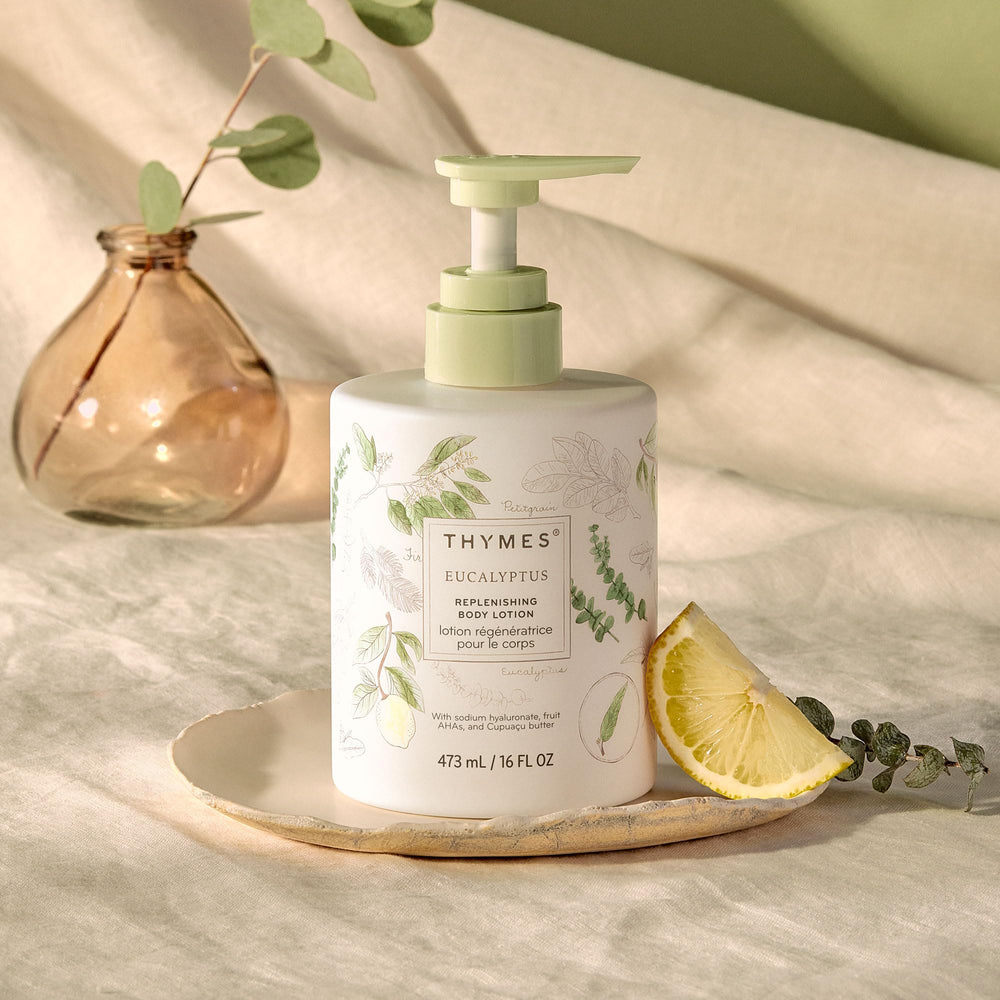 Thymes lotion with eucalyptus fragrance notes for a fresh scent experience.