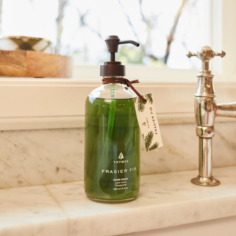 Thymes Frasier Fir hand wash fabric tag adds premium touch to bathroom decor.