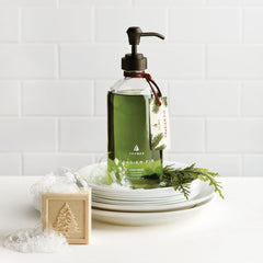 Thymes Frasier Fir hand wash label detail highlights sustainable packaging design.