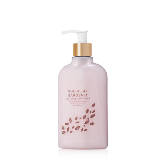 Thymes Goldleaf Gardenia bottle showing elegant packaging and inviting fragrance for daily showers.
