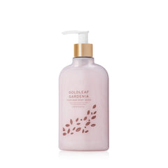Thymes Goldleaf Gardenia bottle showing elegant packaging and inviting fragrance for daily showers.