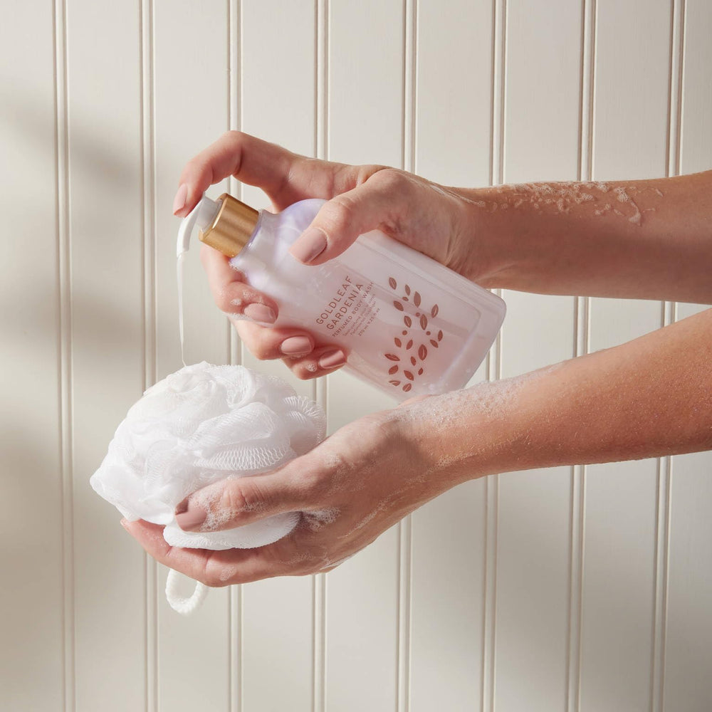 Thymes Goldleaf Gardenia pump demonstrates convenient dispensing and luxurious lather.