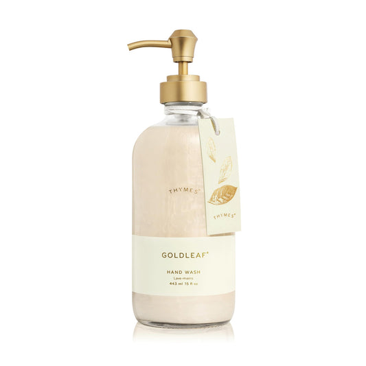 Thymes Goldleaf hand wash bottle on sink, adding a luxurious, nourishing cleanse to daily routines.