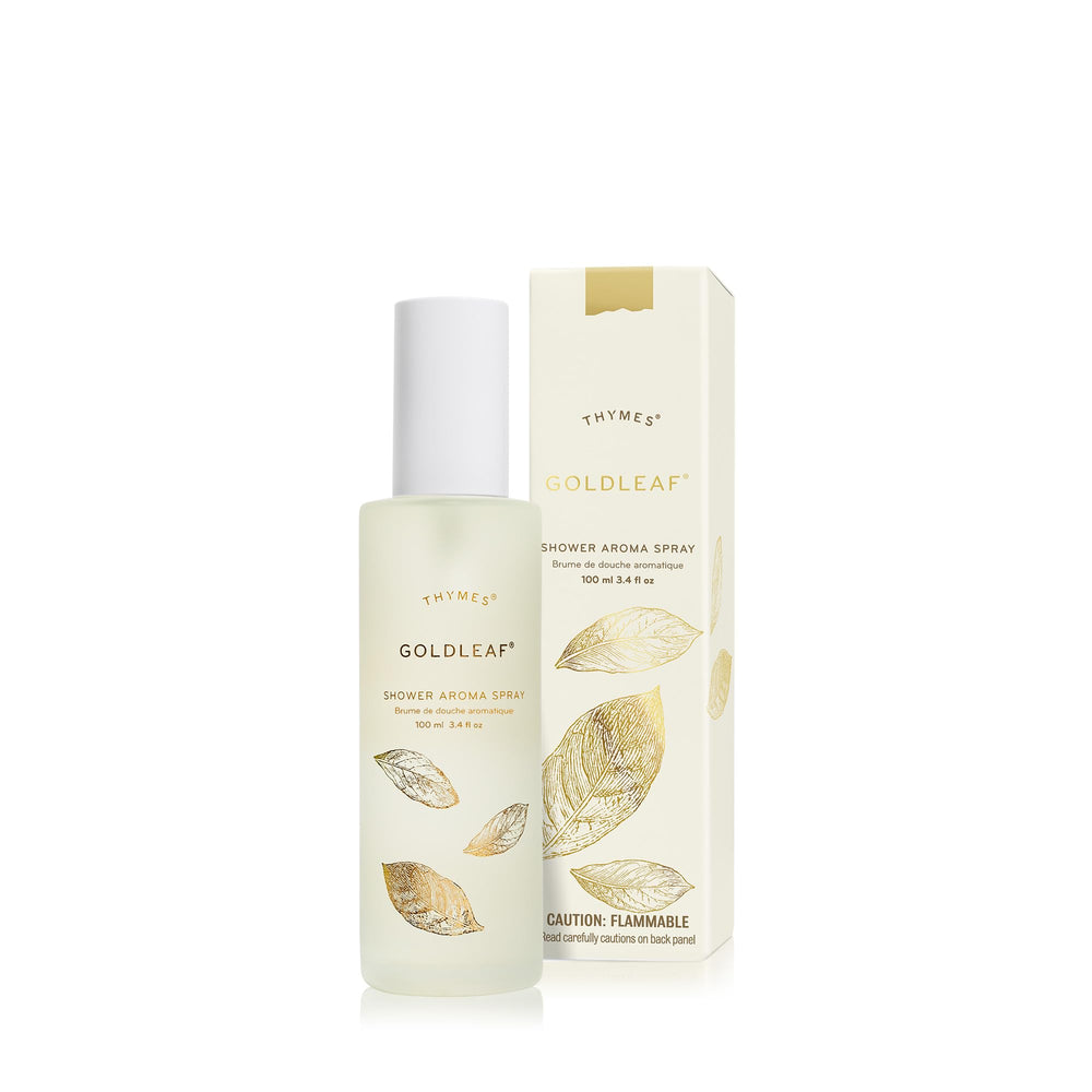 Thymes Goldleaf Shower Spray bottle releases floral notes for a spa-like shower.