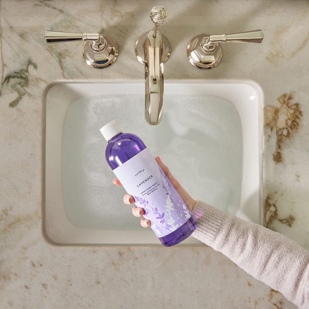 Thymes hand wash refill lavender closeup label highlights ingredients and fragrance.