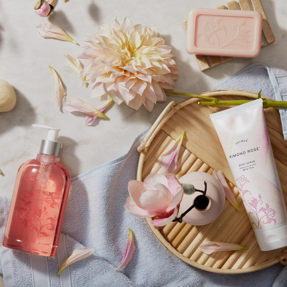 Thymes Kimono Rose fragrance detail highlights rose, jasmine, and citrus notes.