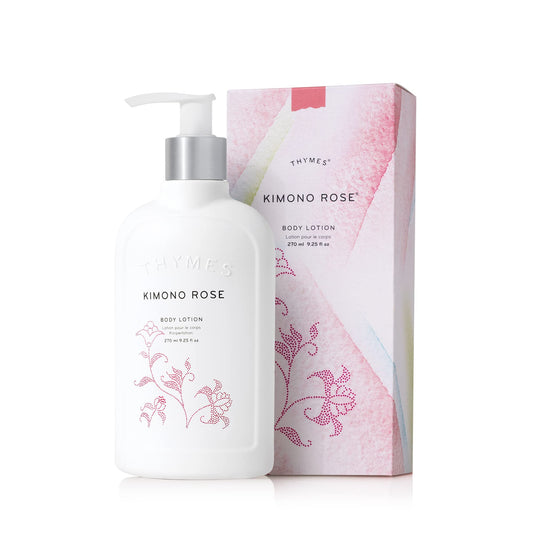 Thymes Kimono Rose bottle front offering hydrating moisture for skin.