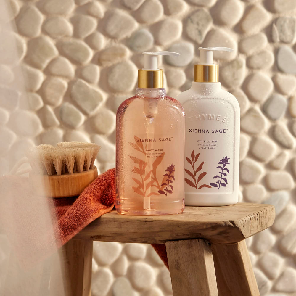 Thymes Sienna Sage travel-size bottle fits on-the-go skin routine.