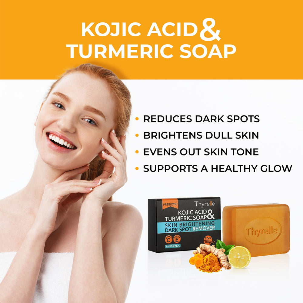 Thyrelle Kojic Acid and Turmeric Soap bar wrapped packaging on clean surface, great for gifting.