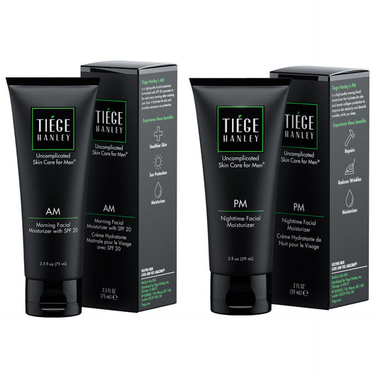 Tiege Hanley AM moisturizer bottle with SPF 20 for daily sun protection.