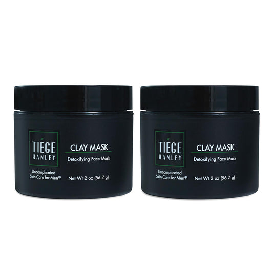 Tiege Hanley detoxifying clay mask jar and spatula showing purifying ingredients for pore care