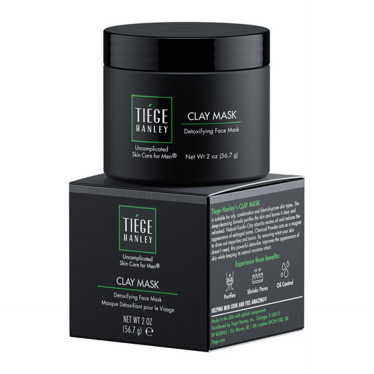 Tiege Hanley Detoxifying Mask bottle close-up highlights oil control and a matte finish.