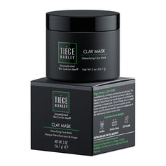 Tiege Hanley Detoxifying Mask bottle close-up highlights oil control and a matte finish.