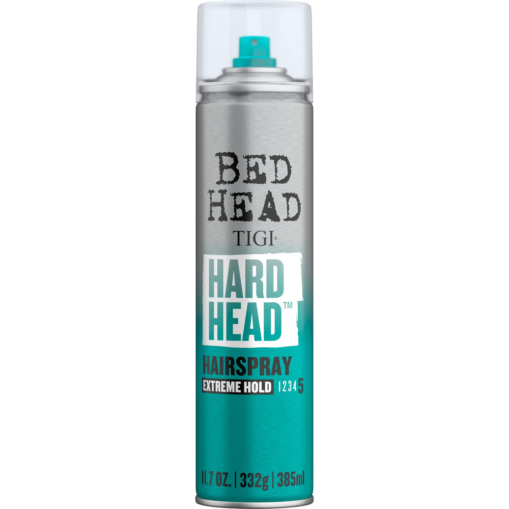 TIGI Bed Head Hard TM Hairspray bottle close-up for strong hold