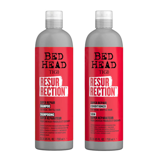 TIGI Bed Head Resurrection shampoo bottle for maximum-strength repair of dry, damaged hair.