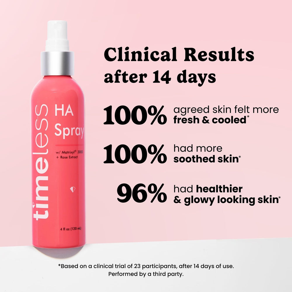 Timeless Skin Care fragrance-free hyaluronic acid mist close-up for gentle hydration.