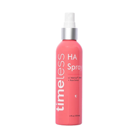 Timeless Skin Care HA Matrixyl 3000 Rose Spray bottle shows a compact hydrating mist for daily use.