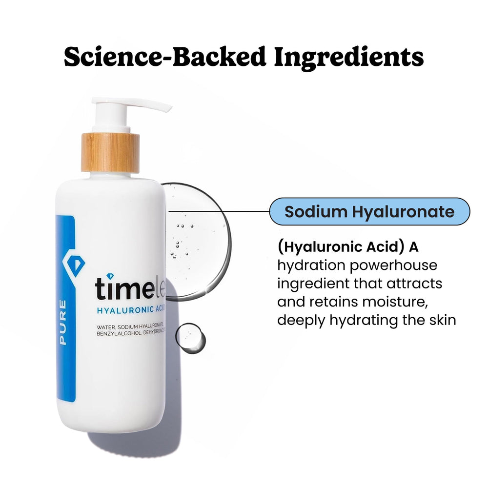 Timeless Skin Care Hyaluronic Acid serum pump shows easy daily use.
