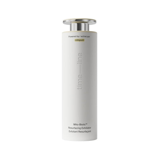 Timeline Mito-Biotic Exfoliator bottle close-up shows premium packaging and skin-renewal potential.