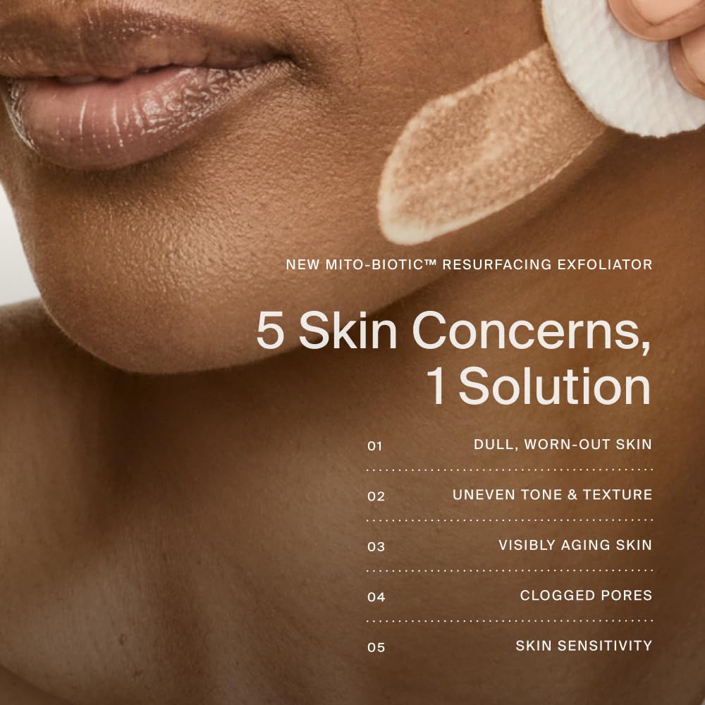 Timeline Mito-Biotic Exfoliator texture close-up hints at refined skin surface.