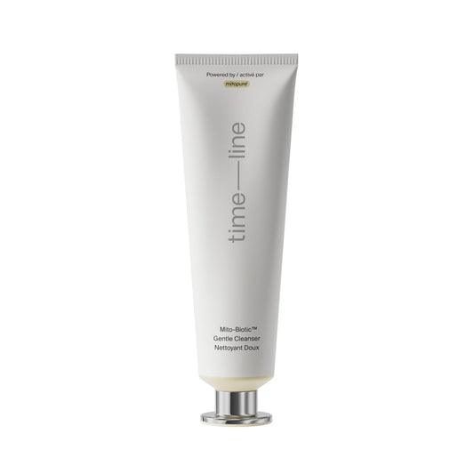 Timeline Mito-Biotic Gentle Cleanser bottle with pump for easy makeup removal