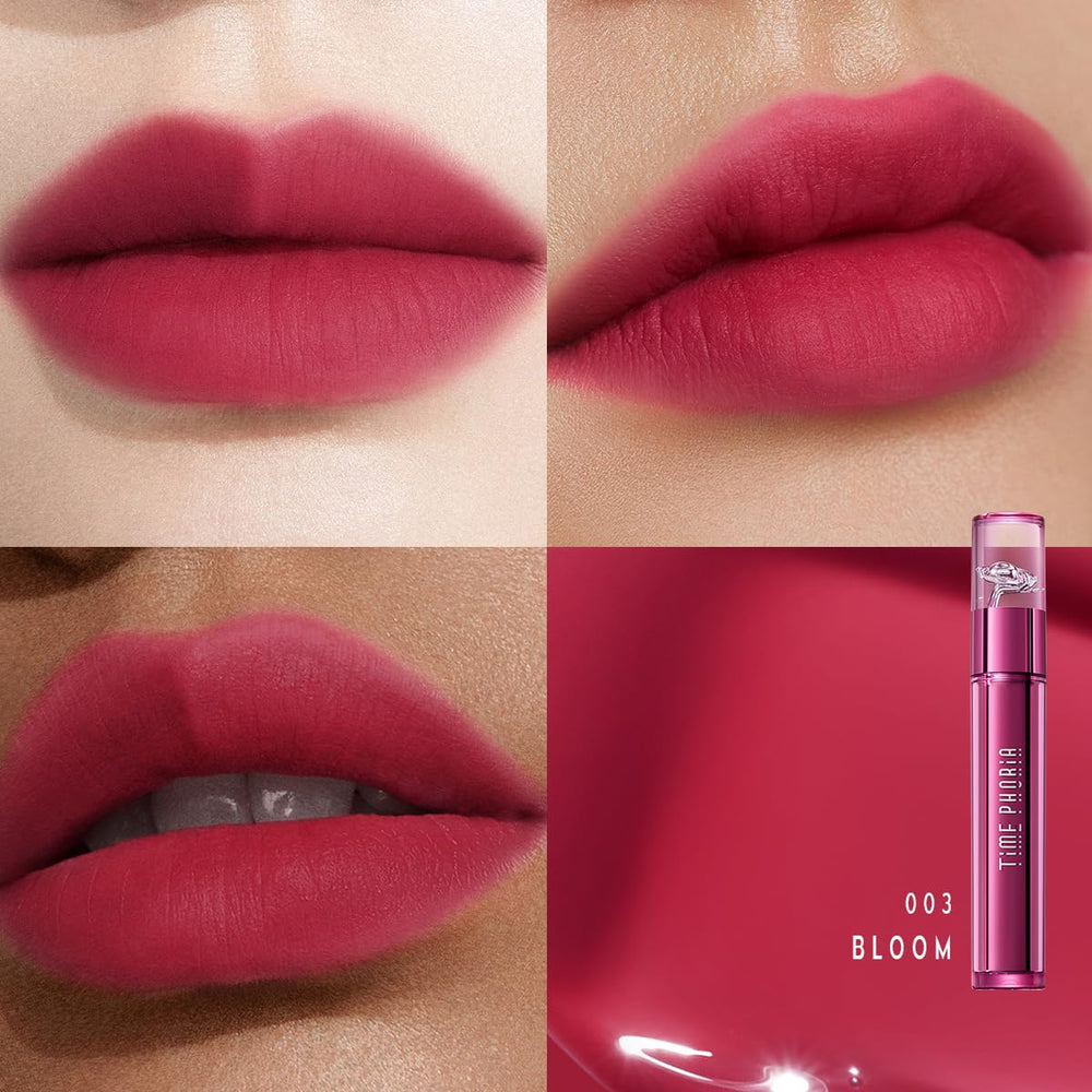 Timephoria Altera Lip Tint 003 Bloom close-up shows smooth glide and light feel