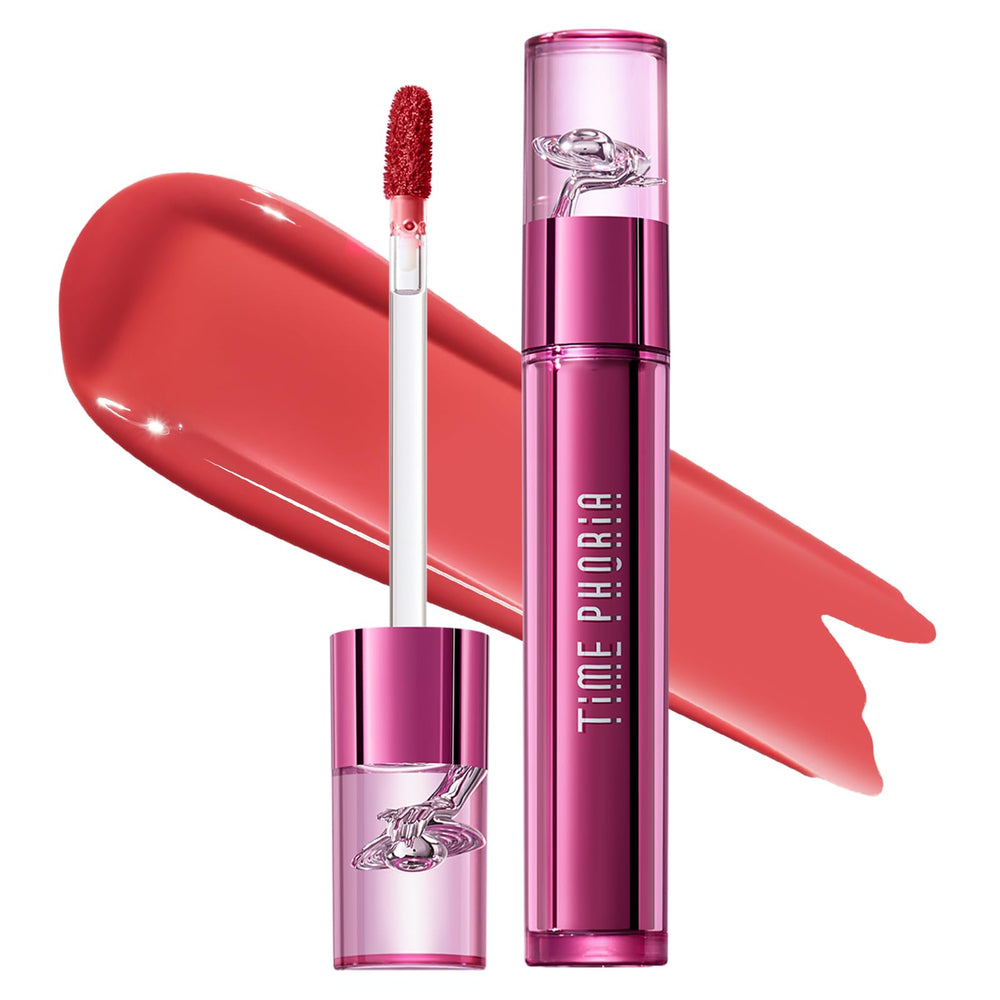 TIMEPHORIA Altera Lip Tint 010 Ripple swatch shows vibrant coral with hydration